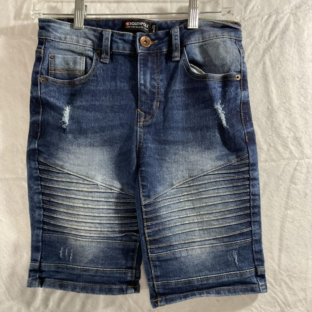 Southpole Shorts Boys 10 Blue Denim Biker‎ Moto Stretch Distressed Summer Casual